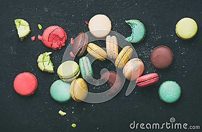 Flat-lay of sweet colorful French macaroon cookies variety Stock Photo