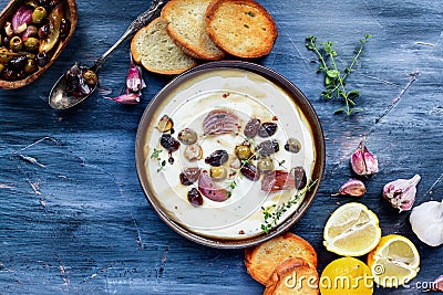 Flat Lay of Tirokafteri Greek Feta Cheese Dip Stock Photo