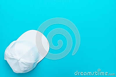 Flat lay top-down composition of white snapback cap Stock Photo