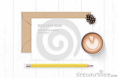 Flat lay top view elegant white composition letter kraft paper envelope pine cone yellow pencil and coffee on wooden background Vector Illustration