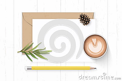 Flat lay top view elegant white composition letter kraft paper envelope pine cone yellow pencil tarragon leaf and coffee on wooden Stock Photo