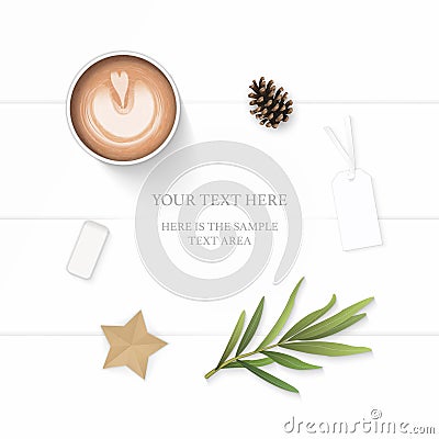 Flat lay top view elegant white composition paper leaf pine cone pencil eraser tag star craft coffee and tarragon leaf on wooden Vector Illustration