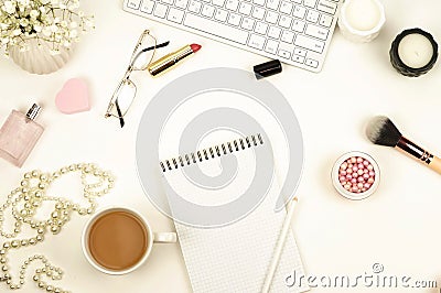 Flat lay, top view feminine desk, workspace Stock Photo