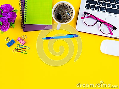 Top view office table desk frame. feminine desk workspace with office accessories Editorial Stock Photo