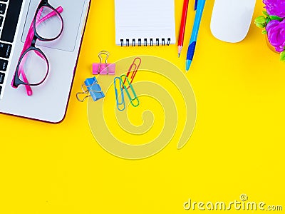 feminine desk workspace with office accessories Editorial Stock Photo