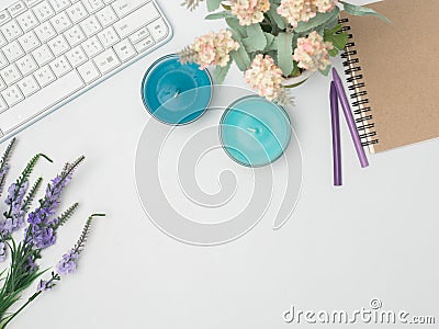 Flat lay, top view office table desk frame. feminine desk workspace with laptop, watch on white background.Love concept top view Stock Photo