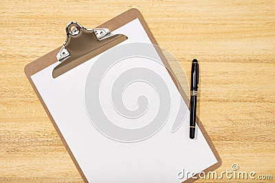 Flat lay, top view office table desk. Workspace with blank clip board and pen. Mock up, copy space Stock Photo