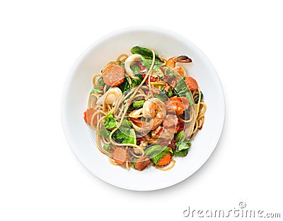 Flat lay top view Spicy stir fried Spaghetti with prawn Stock Photo