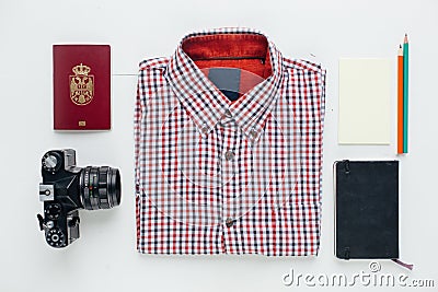 Flat lay of traveler accessories Stock Photo
