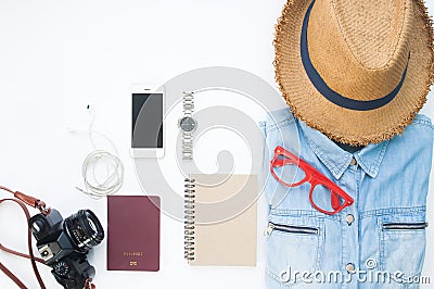 Flat lay of Traveler`s items, Essential vacation accessories Stock Photo