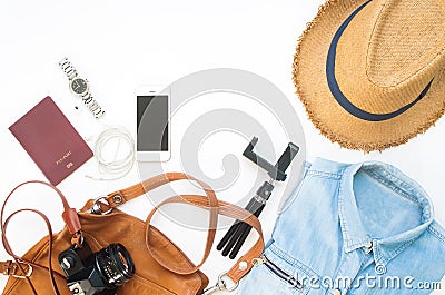 Flat lay of Traveler`s items, Essential vacation accessories Stock Photo