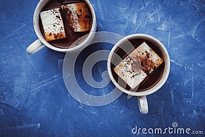 Flat lay of two cups of cocoa or hot chocolate Stock Photo