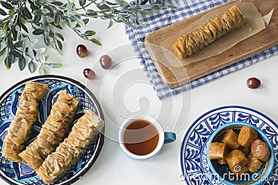 Traditional Greek food, snack, flat lay with plate baklava Stock Photo