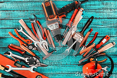 flat lay with various carpentry equipment on blue Stock Photo