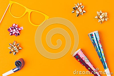 flat lay with various party objects and party mask Stock Photo