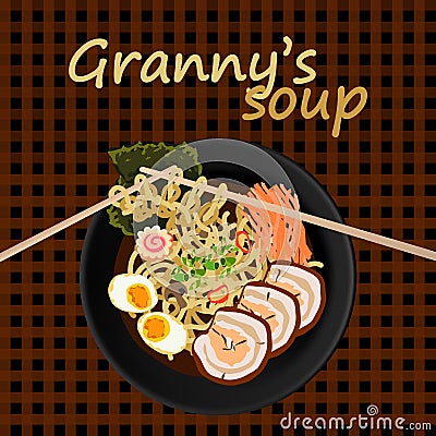 Flat lay vector illustration of asian soup and knitted noodle pattern with chopsticks. Granny`s tasty homemade food Vector Illustration