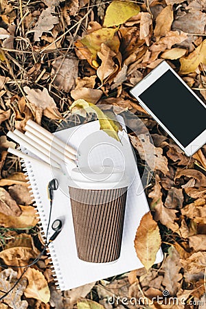 Flat lay view of autumn leaves, tablet, phone and paper cup of coffe. From above with legs Stock Photo