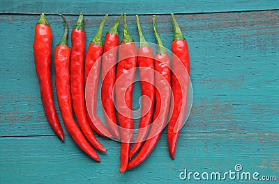 Flat lay view of hot red chili peppers Stock Photo