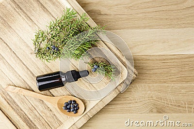 Flat lay view Juniper latin Juniperus communis berry essential oil in brown dropper bottle. Stock Photo