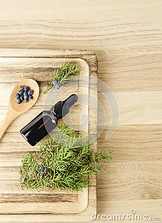 Flat lay view Juniper latin Juniperus communis berry essential oil in brown dropper bottle. Stock Photo