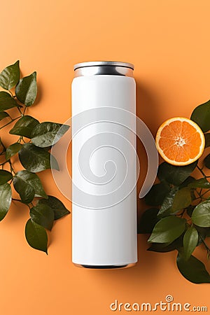 Flat lay white can mockup surrounded by oranges, professional product photography, vibrant colors Stock Photo