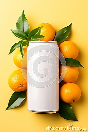 Flat lay white can mockup surrounded by oranges, professional product photography, vibrant colors Stock Photo
