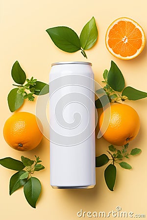 Flat lay white can mockup surrounded by oranges, professional product photography, vibrant colors Stock Photo