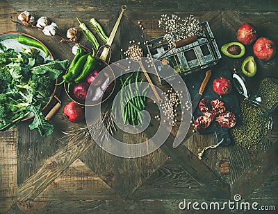 Flat-lay of winter vegetarian or vegan food cooking ingredients Stock Photo