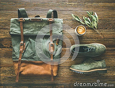 Flat-lay of woman`s fall accessories and coffee Stock Photo