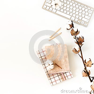 Flat lay women`s office desk. Female workspace Stock Photo