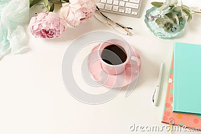 Flat lay women`s office desk. Female workspace Stock Photo