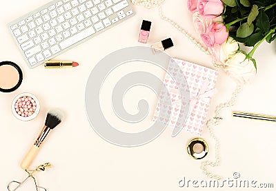 Flat lay women`s office desk workplace with flowers. Editorial Stock Photo