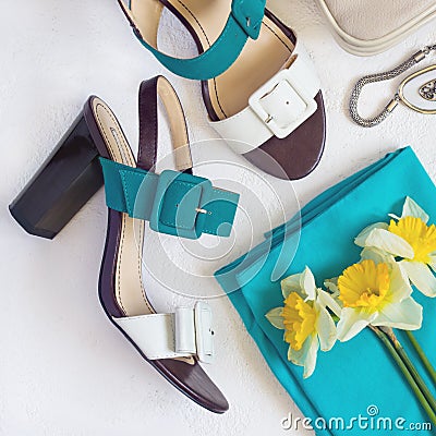 Flat lay Women`s shoes and accessories collage. Beauty and fashi Stock Photo