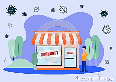 Cartoon of Sad Man with His Closed Shop Due to Covid-19 or Corona Virus Pandemic Vector Illustration