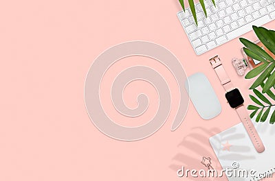 Flat layout of women workplace on pink background Editorial Stock Photo