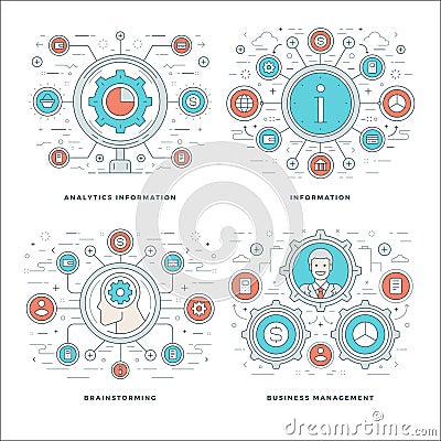 Flat line Analytics Information, Brainstorming, Business Team Management Concepts Set Vector illustrations. Vector Illustration