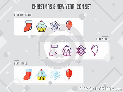 Flat line Christmas icon set and new year vector illustration for greeting celebration. Vector Illustration