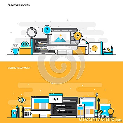 Flat line color concept- Creative Process and Web Development Vector Illustration