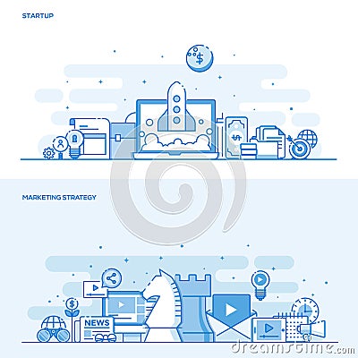 Flat line color concept- Startup and Marketing Strategy Vector Illustration