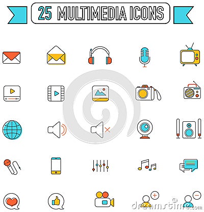 Flat line color multimedia and social media tool sign icon Vector Illustration