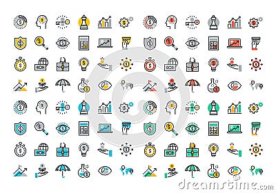 Flat line colorful icons collection of business and finance Vector Illustration