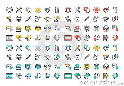 Flat line colorful icons collection of dental services Vector Illustration