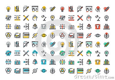 Flat line colorful icons collection of graphic and web design Vector Illustration