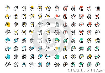 Flat line colorful icons collection of human brain process Vector Illustration