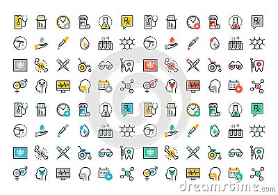 Flat line colorful icons collection of medicine theme Vector Illustration