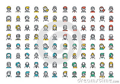 Flat line colorful icons collection of people avatars Vector Illustration