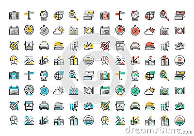 Flat line colorful icons collection of travel and tourism Vector Illustration