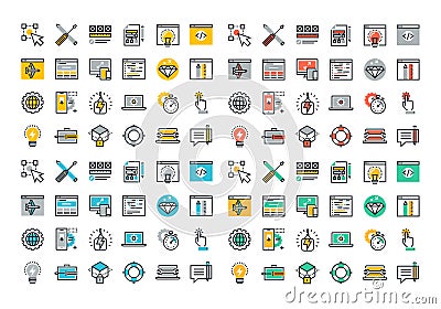 Flat line colorful icons collection of web design and development Vector Illustration