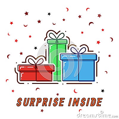 Flat line concept Gift boxes, surprise inside, vector Vector Illustration