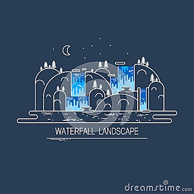 Flat line concept with waterfall and mountain night landscape. Trendy vector graphic design. Travel or tourism adventure backgroun Vector Illustration